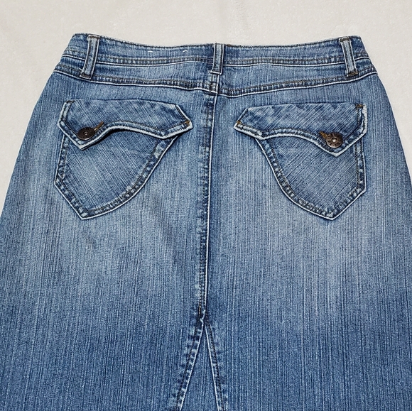 Vintage 90s LEI Ashley Low Rise Paneled Mid Wash Stretchy Denim Maxi Skirt 4 - Picture 8 of 12